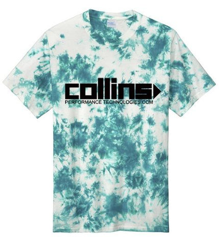 Collins T-Shirt in blue tie dye print with logo on the front, cotton ringspun in various sizes