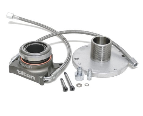 The bearings feature a stainless steel threaded bearing retainer-mount sleeve that offers nearly 1.25 in. of adjustability, enabling them to be used with most 8.5 to 10.5 in. bent-finger, diaphragm-type clutches. The Tilton 6000-Series hydraulic throwout bearings include a -4AN stainless steel braided line supply line, a bleed line and fittings, a stainless steel threaded adjustment sleeve, and a special bearing retainer bolt.