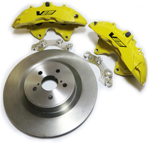 set of 2 calipers, 2 13.9 inch rotors, 2 caliper adapters, 2 brake pads, 2 braided steel brake lines and hardware 14 inches in diameter for the MKIV Supra and SC300 or SC400 applications