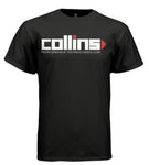 Collins T-Shirt in black with logo on the front and back, cotton ringspun in various sizes